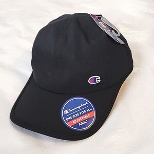 Champion Black Cap Adult One Size Adjustable Back Lightweight Stretchy Hat NWT